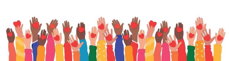 Hands raised up hold hearts, share compassion and hope with those in need. vector