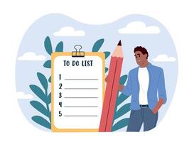 Man standing beside giant check list and holding pen. Concept of monthly planning, to-do list, time management, successful completion of tasks, effective daily planning. vector