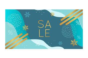 sale banner. Blue and gold colors. Waves and abstract elements, dots, strokes and snowflake. background in a modern style. vector