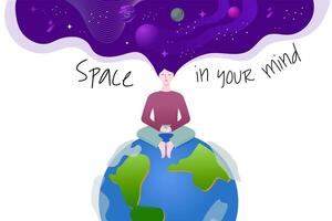 un mujer es sentado en el planeta tierra. calma y meditación. abierto mente. espacio en el cabeza. vector