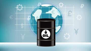 World oil prices - illustration. A barrel of oil against the background of the globe, world currencies. vector