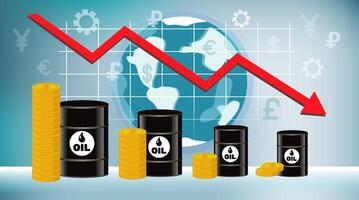 el precio de petróleo es descendente. barriles de aceite, dinero y infografia en contra el antecedentes de el globo y mundo monedas ilustración, concepto en un azul antecedentes. vector