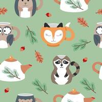 Seamless pattern of cute tea cups in the form of forest animals. Fox, hedgehog, raccoon, owl. Colorful background for printing on fabric, packaging or wallpaper. vector