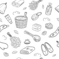 Sauna accessories sketch background. Hand drawn spa elements collection. Doodle sauna pattern on white background. vector