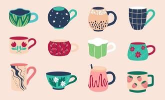 Set of various tea cups. Cute dishes different shapes and ornaments. Hand drawn color illustration isolated on beige background. Modern flat style. vector