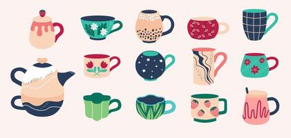 Set of various tea cups and teapot. Cute dishes different shapes and ornaments. Hand drawn color illustration isolated on beige background. Modern flat cartoon style. vector