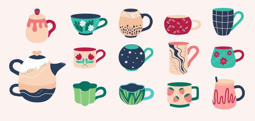 Set of various tea cups and teapot. Cute dishes different shapes and ornaments. Hand drawn color illustration isolated on beige background. Modern flat cartoon style.