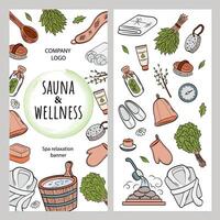 Sauna and wellness vertical leaflet template. Colorful cartoon spa accessories in doodle style on white background. vector