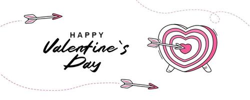 Valentine's Day banner. Heart target. The arrow hits the center. Accuracy. Concept icon in doodle style. vector