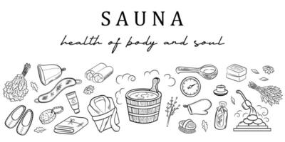 Sauna and wellness body care banner template. Set of doodle hand drawn elements. vector