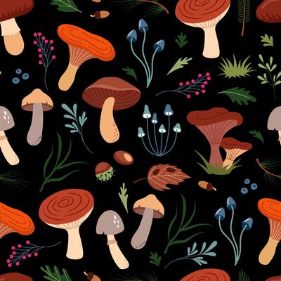 seamless pattern of cute forest icons - mushrooms, berries, chestnuts, pine needles, leaves. Beautiful trendy background for packaging, fabric, wallpaper.