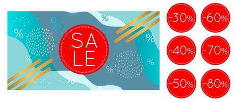 banner sale. Blue and gold color. Waves and abstract elements, dots, strokes. The inscription sale on the red circle. Set of round red discount labels. background in a modern style. vector