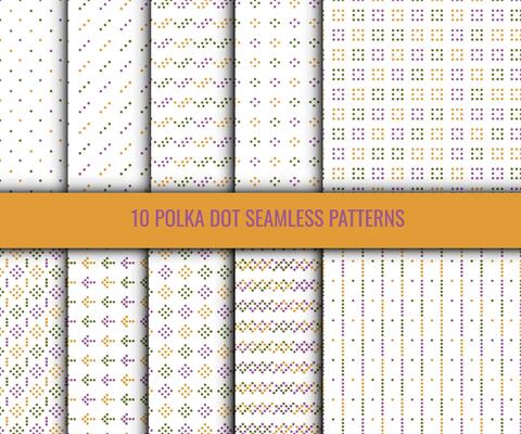 Polka dots seamless pattern. Set of backgrounds with small colored dots on a white background. Simple playful design for fabric, textile, paper, cover.