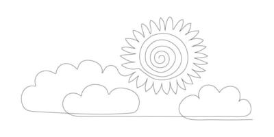 Continuous one line sun cloud art. Single line sketch sunny summer travel concept. Nature cloudy sky weather element, illustration vector