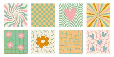 Groovy checkered patterns in pastel colors with hearts shape and flowers, vintage aesthetic backgrounds, psychedelic checkerboard texture. Funky hippie fashion y2k textile print, pattern set. vector