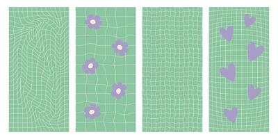 Groovy hippie chessboard pattern set in green pastel colors with purple flowers and hearts. Retro 60s 70s psychedelic geometric backgrounds. . vector