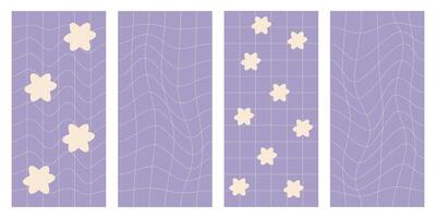 Vintage groovy chessboard pattern set in purple pastel colors with beige flowers. Retro 60s 70s psychedelic geometric backgrounds. . vector