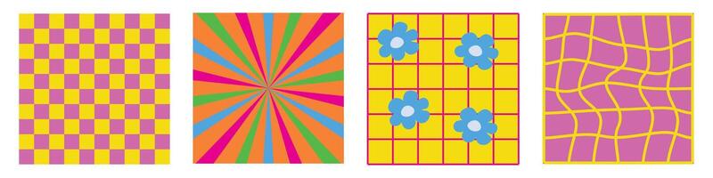 Groovy checkered psychedelic patterns in vintage colors with hearts shape, groovy aesthetic backgrounds, abstract checkerboard texture. Funky hippie fashion textile print, pattern set. vector