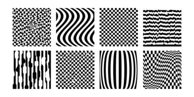 black and white trendy checker board square pattern illustrations set. Distorted geometric square background in vintage psychedelic y2k style. vector