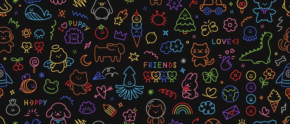 Seamless colorful kid pattern. Hand drawn scribble set of smile, flower, smile, heart, animal, cloud, star, rainbow, tree, bear, fruit, arrow, swirl. Trendy sketch childish elements
