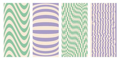 Groovy hippie chessboard pattern set in pastel green, beige and purple colors. Retro 60s 70s psychedelic backgrounds. . vector