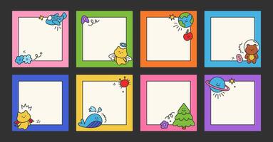 Frame set of kid cute sheets with childish elements. Simple scribble elements of social media post with dog, planet, star, pencil, cloud, flower, frame, arrow, stroke. Children post template vector