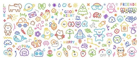 Cute colorful kid doodle icons set. Hand drawn scribble set of sun, flower, smile, heart, animal, cloud, star, rainbow, tree. Trendy sketch childish elements for stickers, patterns, banners vector