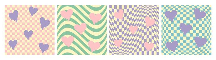 maravilloso a cuadros patrones en pastel colores con corazones forma, Clásico estético antecedentes, psicodélico tablero de damas textura. miedoso hippie Moda textil imprimir, modelo colocar. vector