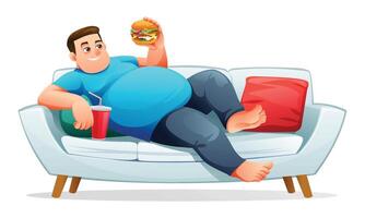 Fat man lying on the couch while holding burger and drink. illustration isolated on white background vector