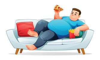 Fat man lying on the sofa with junk food. illustration isolated on white background vector