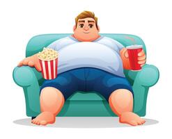 Fat man sitting on the couch with popcorn and drink. illustration isolated on white background vector