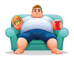 Fat man sitting on the sofa while holding burger and drink. illustration isolated on white background vector