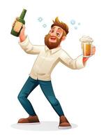 Drunk man holding glass and bottle of alcoholic drink. cartoon illustration vector