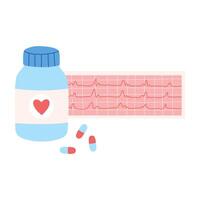 Cardiogram and pills. Concept of heart diseases and their prevention. vector