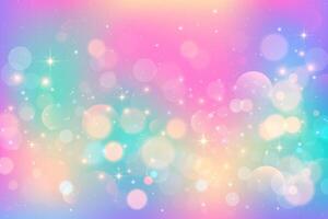 Rainbow unicorn background with glitter bokeh and stars. Pastel holographic sky with magic gradient texture. iridescent wallpaper with sparkles vector