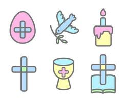 Pascua de Resurrección iconos cristiano religioso contorno color símbolos de cruzar Biblia pastel pájaro y taza aislado en blanco antecedentes. pictogramas para acebo primavera día festivo. vector