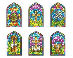 Church stained windows with religious Easter symbols. Christian mosaic glass arches set with cross dove cup and egg vector