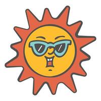 Retro cartoon sun face with glasses. Groovy sticker with smiling character. Cute summer design illustration. Funny 700s mascot isolated on white background. trendy graphic. vector