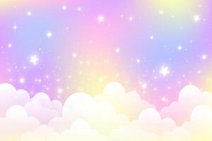 Cute unicorn colored sky with stars and clouds. Rainbow pastel background. Abstract gradient landscape with gradient and sparkles. Magic holographic galaxy. vector