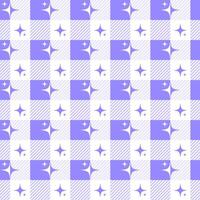 Y2k seamless pattern with sparkles. Geometric checkered vichy background with abstract stars. bright purple design vector