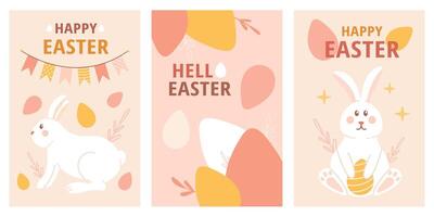 contento Pascua de Resurrección conjunto póster, tarjeta. Pascua de Resurrección huevos, conejito. primavera moderno ilustración. vector