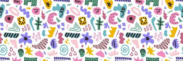 Abstract seamless pattern of colorful hand drawn various shapes, curls, forms and doodle objects. Modern background vector