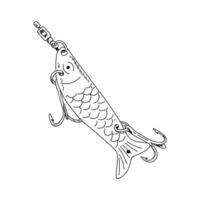 Fishing hook minnow illustration tackle. Metal fly gudgeon spinner lure feeding. Bait line drawing. Ink silhouette. Spoon angler tool black outline vector