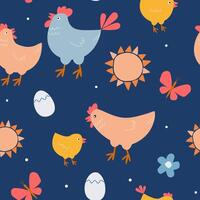 Seamless pattern with bird family. Hen, rooster, chick, egg against the background of the sun, butterflies, flowers. Abstract summer print with poultry. graphics. vector