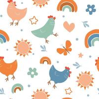 Seamless pattern with cute chickens, rainbows, suns, flowers, butterflies. Summer abstract baby print. graphics. vector