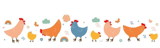 Set of cute abstract hens with chicks and abstract elements, sun, flowers, butterflies. graphics. vector