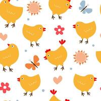 Seamless pattern with little chickens on a background of sun flowers, butterflies. A fun summer abstract print with a domestic bird. graphics. vector