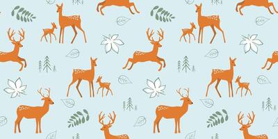 Seamless pattern with deer and fawns on a background of abstract leaves. Abstract natural forest print with animals. graphics. vector