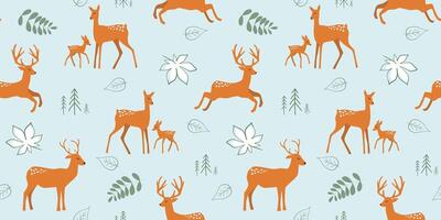 Seamless pattern with deer and fawns on a background of abstract leaves. Abstract natural forest print with animals. graphics. vector