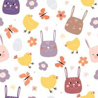 Seamless pattern with funny faces of rabbits, chickens, vets, butterflies, eggs. Abstract cute spring print. graphics. vector